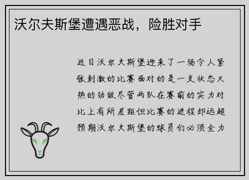 沃尔夫斯堡遭遇恶战，险胜对手