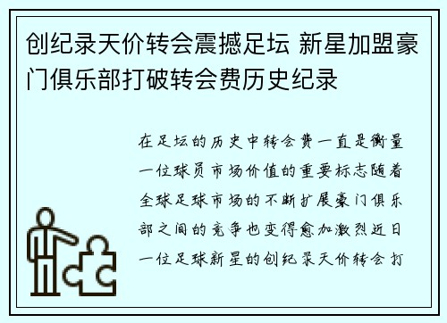 创纪录天价转会震撼足坛 新星加盟豪门俱乐部打破转会费历史纪录