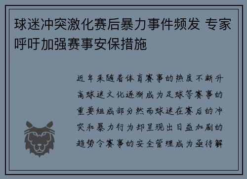 球迷冲突激化赛后暴力事件频发 专家呼吁加强赛事安保措施