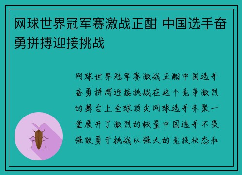 网球世界冠军赛激战正酣 中国选手奋勇拼搏迎接挑战