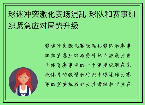 球迷冲突激化赛场混乱 球队和赛事组织紧急应对局势升级