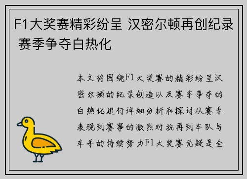 F1大奖赛精彩纷呈 汉密尔顿再创纪录 赛季争夺白热化